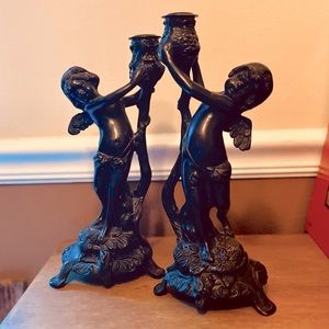 Vintage bronze cherub angel candle sticks holders (2)